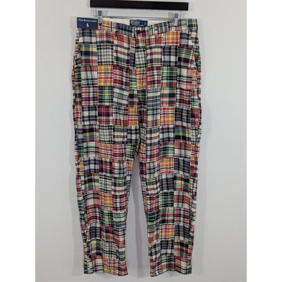 Nwt POLO Ralph Lauren Plaid Patchwork Madras Pants Red White Blue Sz 36 X 30 - Picture 1 of 11